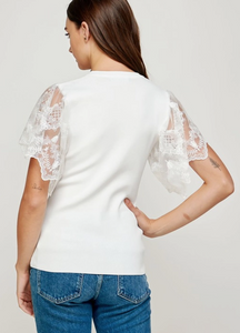 Canyon, Scalloped Lace Sleeve Sweater Knit Top