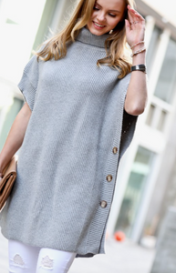 Turtle Neck Button Side Ribbed Poncho Sweater