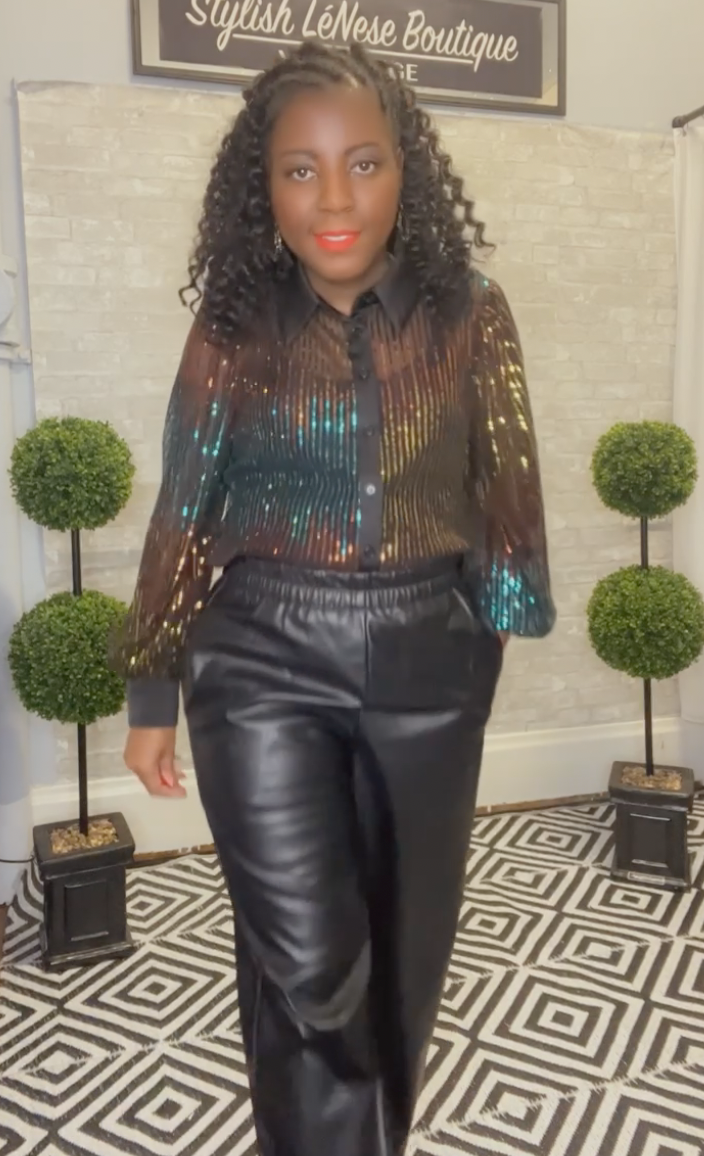 Ombre Sequin Blouse Button Front Shirt