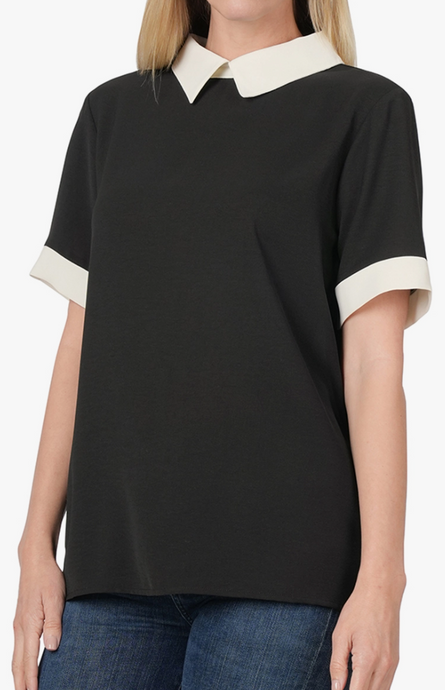 Woven Contrast Collar Short Sleeve Blouse