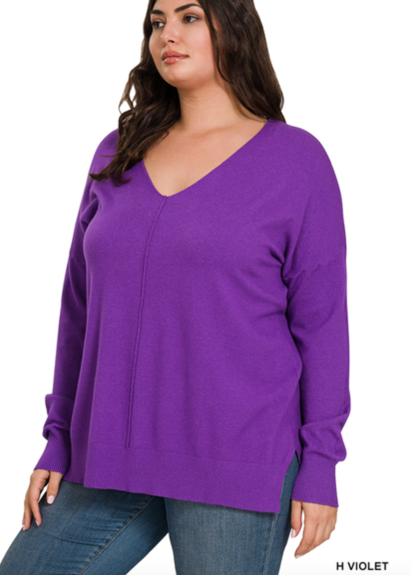 Seam Front Tunic V Neck Sweater with HI Low Hem Plus Stylish
