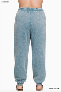 Acid Wash Fleece Hi-low Hem Pullover with Drawstring Pants Set, Plus