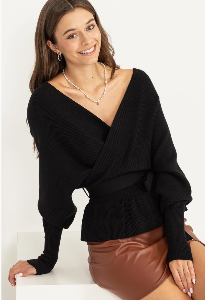 Royal, Long Sleeve Wrap Peplum Sweater with Belt