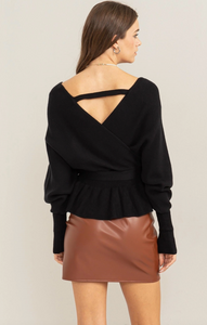 Royal, Long Sleeve Wrap Peplum Sweater with Belt