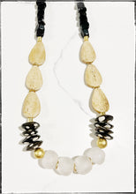 Load image into Gallery viewer, Wood &amp; African Bone Bead Long Necklace Polka Dot Black Glass