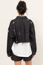 Load image into Gallery viewer, Black Distressed Cropped Denim Jacket