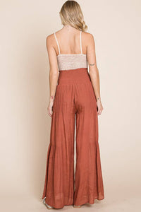 Crinkle Tie Front Smocked Waist  Wide Leg Pants