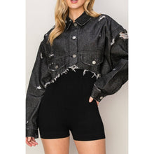 Load image into Gallery viewer, Black Distressed Cropped Denim Jacket