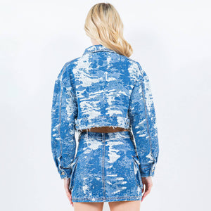 Distressed Jacquard Denim Cropped Jacket