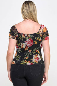 Mesh Floral Print Ruched Top - Plus