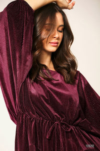 Velvet Lurex Long Voluminous Sleeve Dress with Elastic Waist Tie w/ pockets