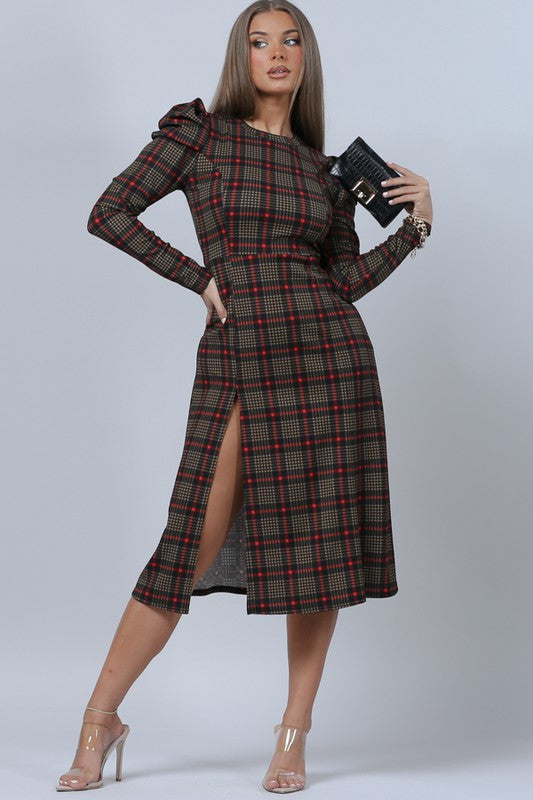 Niyana, Crew Neck Puff Long Slv Plaid Print Dress w/ Slit