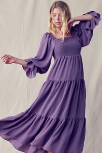 Wisteria, 3/4 Sleeve Smocked Top Tiered Dress w/ Pockets