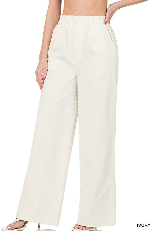 Stone, Wide Leg Twill Pant with Pockets and Paper bag Waist