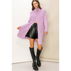 Lavender, Mock Neck Long Sleeve Tunic Sweater with Front Slit