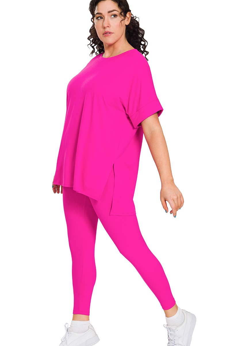 Brushed Microfiber Short Slv Top and Legging Loungewear Set, Plus Size, Neon Pink