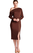 Load image into Gallery viewer, Nairobi Asymmetric Long Sleeve Zipper detail Midi Dress