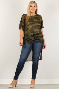 Camo Mesh Hi-Low Tunic Sheer Plus Size Top