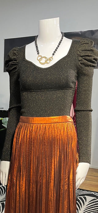 Nia, Ribbed Metallic Puff Long Sleeve Sweater