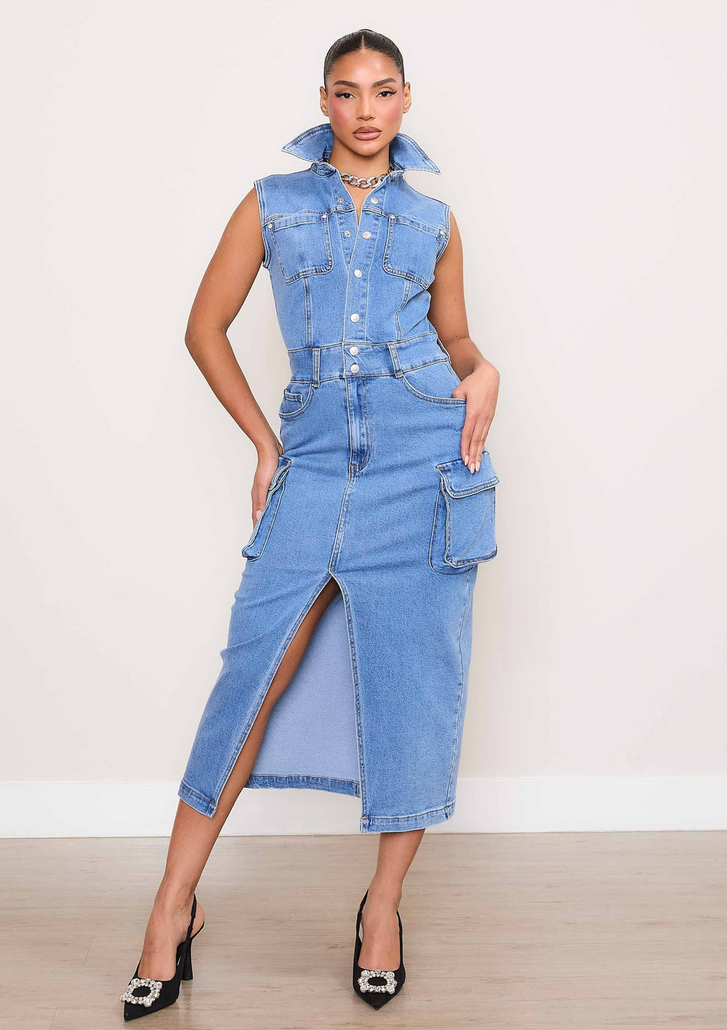 Kendal, Sleeveless Denim Cargo Midi Dress – Stylish LeNese Boutique