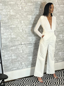 Stone, Wide Leg Twill Pant with Pockets and Paper bag Waist