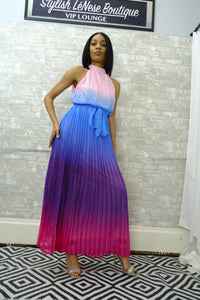 Ombre Pleated High Neck Belted Maxi Dress