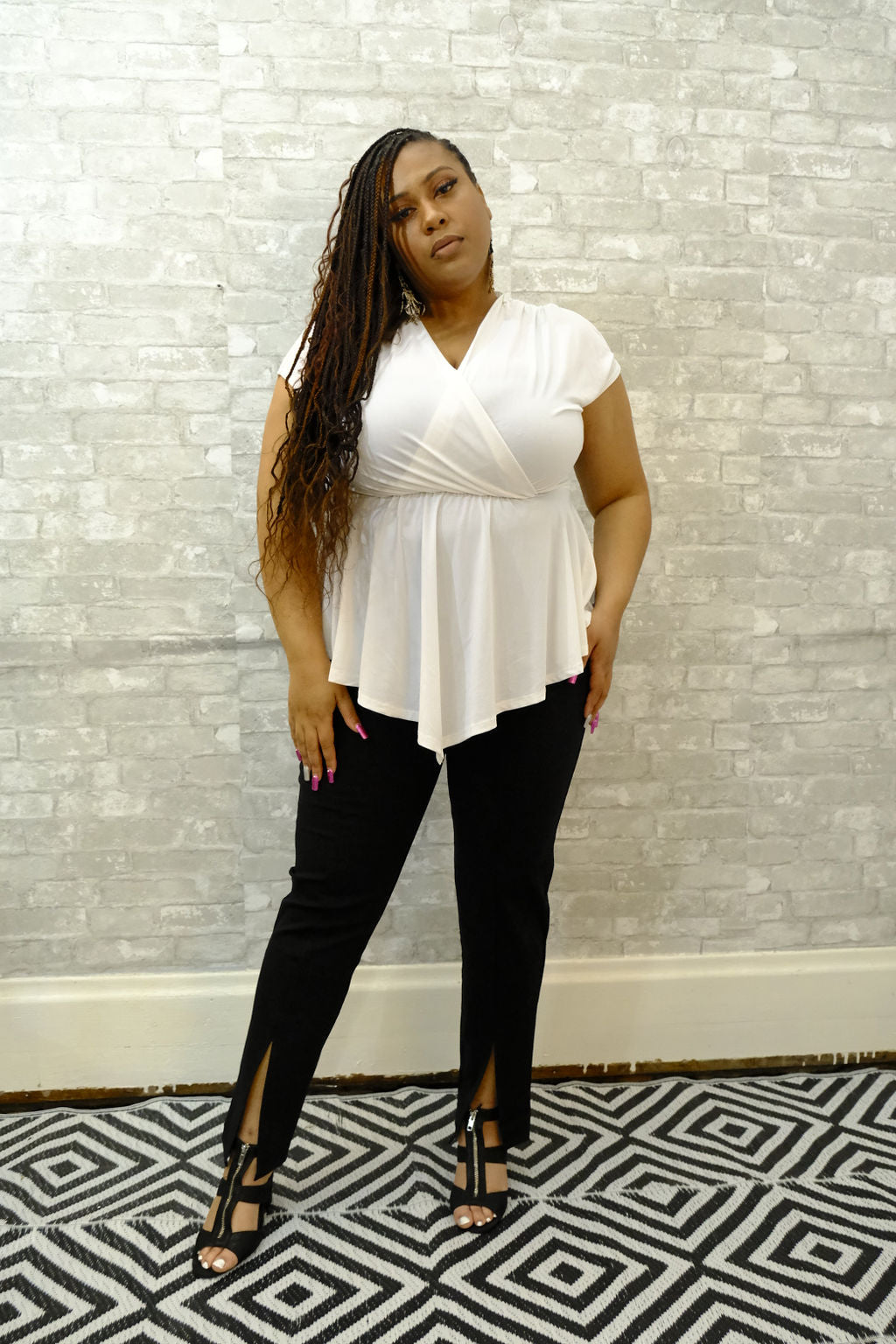 Rowan, Peplum Short Sleeve Hanky Hem Wrap Top, Plus