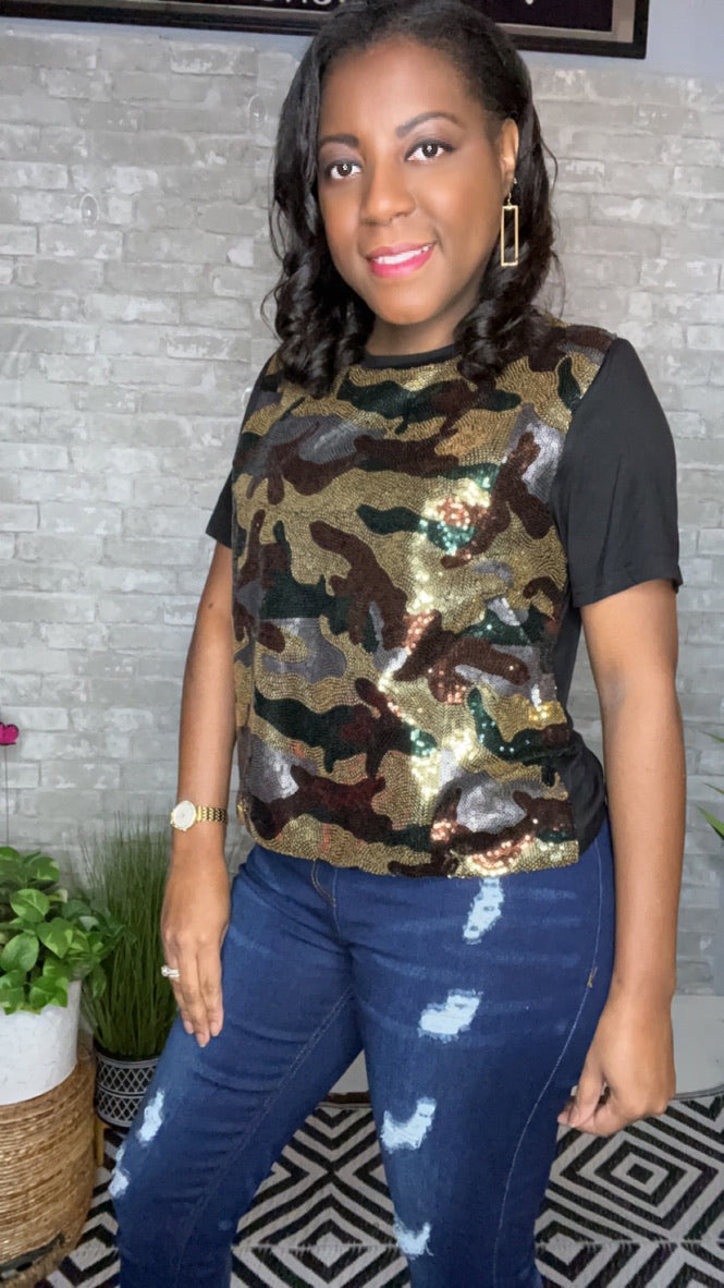 Tee Front Knit Stylish LeNese – Sequin Camo Sequoia, Boutique