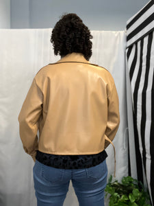 Camel, Long Sleeve Faux Leatherette Zip Front Jacket