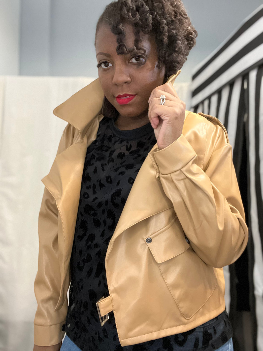 Camel, Long Sleeve Faux Leatherette Zip Front Jacket