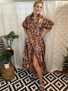 Leo, Puff Sleeve Button Front Leopard Print Dress w/ Pockets