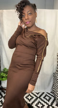 Load image into Gallery viewer, Nairobi Asymmetric Long Sleeve Zipper detail Midi Dress