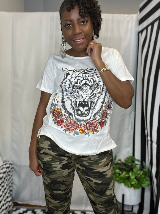 Luna, Short Sleeve Tiger Embroidered T-shirt Knit Top