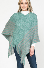 Load image into Gallery viewer, Turquoise Marl Striped Fringed Poncho