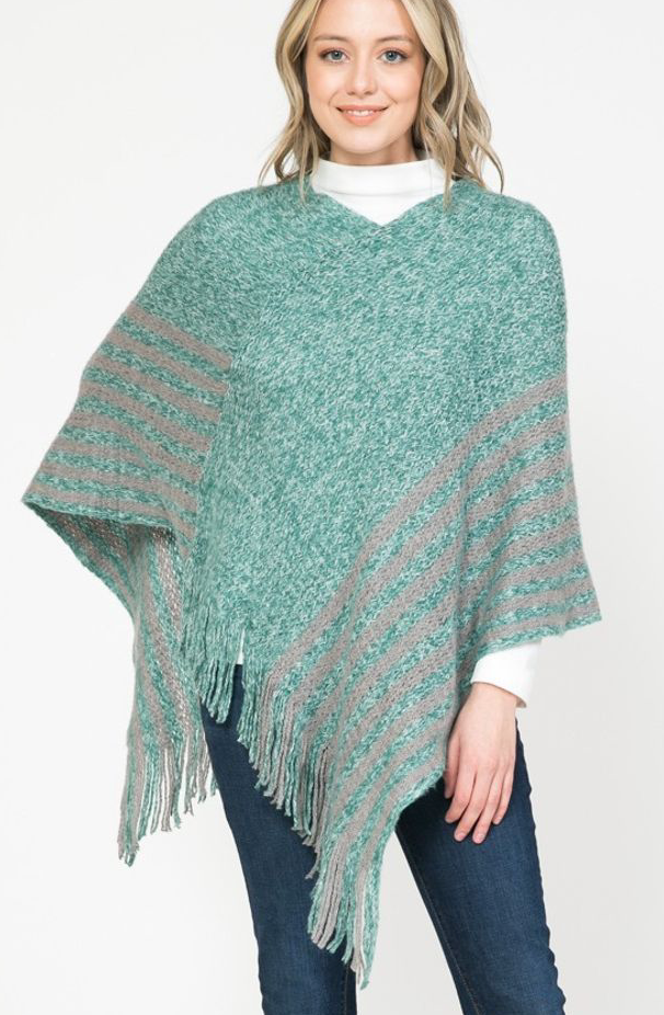 Turquoise Marl Striped Fringed Poncho
