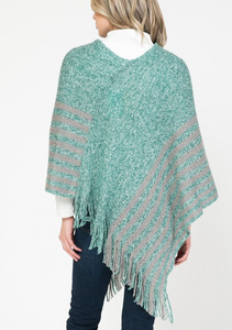 Turquoise Marl Striped Fringed Poncho
