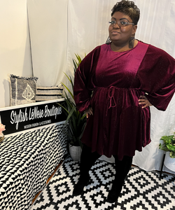 Velvet Lurex Long Voluminous Sleeve Dress with Elastic Waist Tie w/ pockets