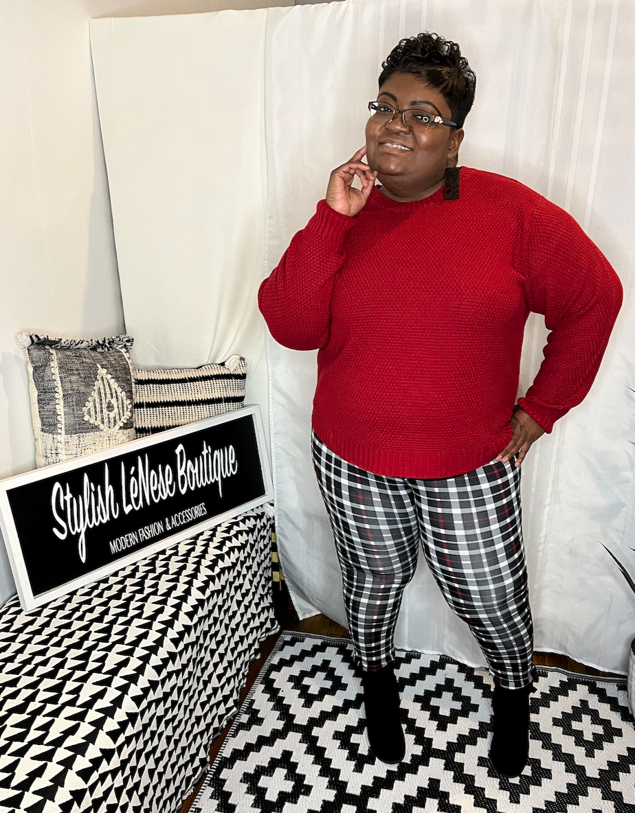 Ebony, Red Tunic Waffle Stitch Curved Hem Sweater - Plus – Stylish