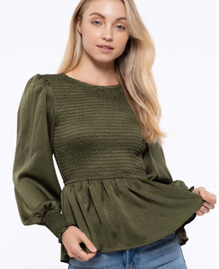 Nola, Long Sleeve Smocked Peplum Waist Woven Top