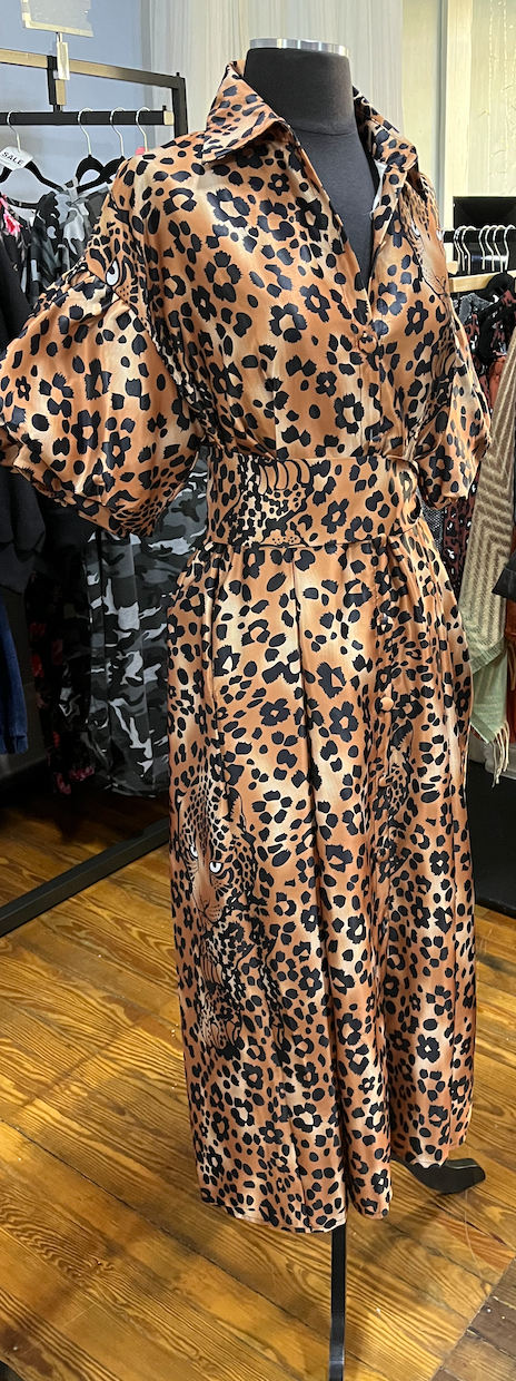 Leo, Puff Sleeve Button Front Leopard Print Dress w/ Pockets