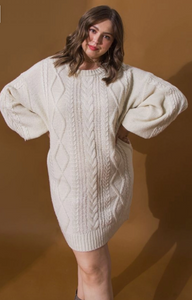 Bri, Long Sleeve Cable Knit Sweater Dress - Plus