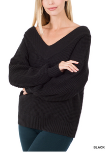 Ella, Long Sleeve Waffle Knit Deep V-neck Sweater