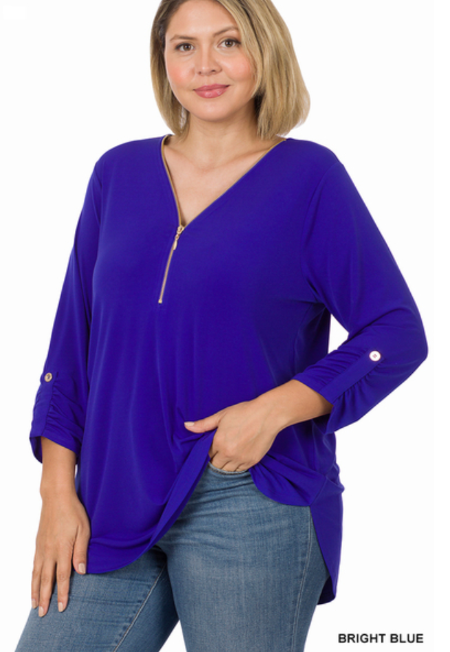 Rosita,  3/4 Sleeve Front Zip Knit Tunic Top - Small -3X