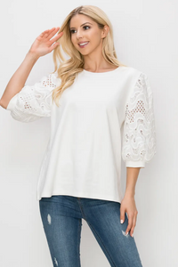 Ruth, Ponte Knit Top with Lace Sleeve