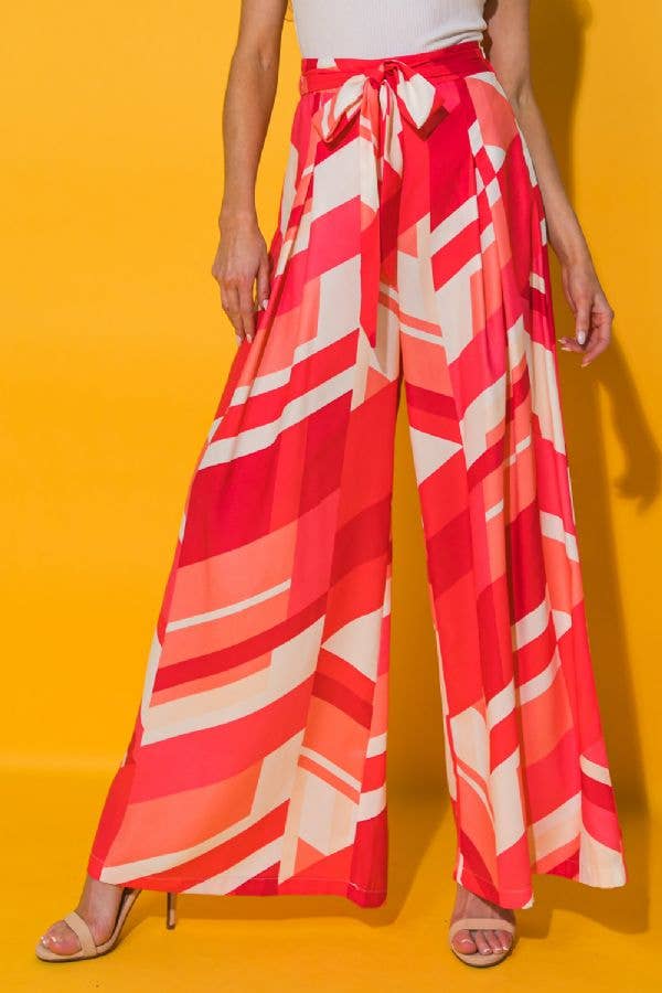 Fiesta, Woven Wide Leg Printed Belted Pants, S - 2X