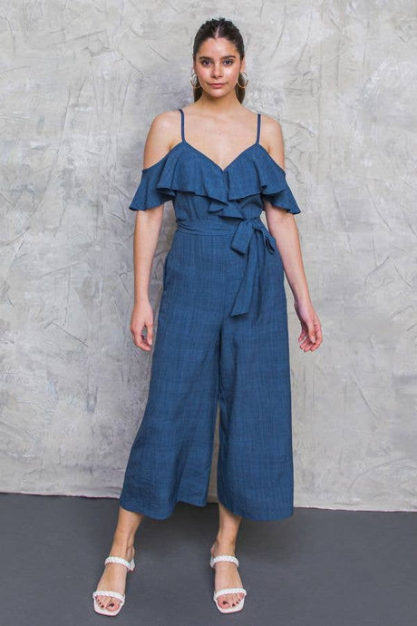 Chambray look Ruffle Wide Leg Jumpsuit