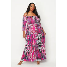 Load image into Gallery viewer, Ikat, Multi Print Elbow Sleeve Maxi Off Shoulder Dress - Plus