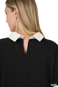 Woven Contrast Collar Short Sleeve Blouse