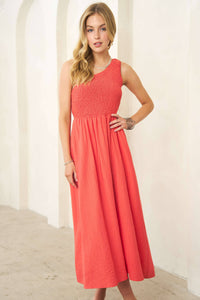 Paradise, One Shoulder Cutout Smocked Top Dress with Pockets