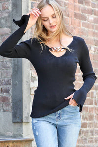 Long Sleeve Rib Chain Detail Cut Out Sweater